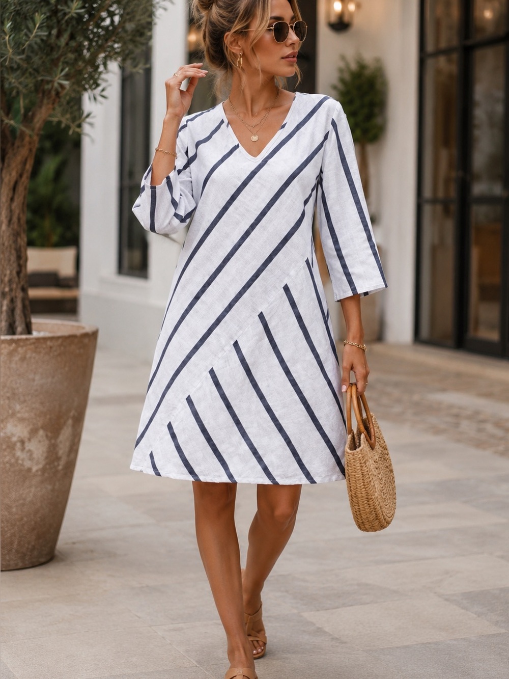 Soft Surroundings Sonia Striped Linen Blend Dress White Gray Boho M